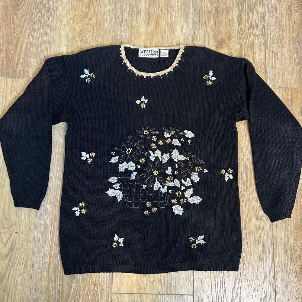 Vintage 90s Western Connection Black‎ Beaded Floral Sweater Size L